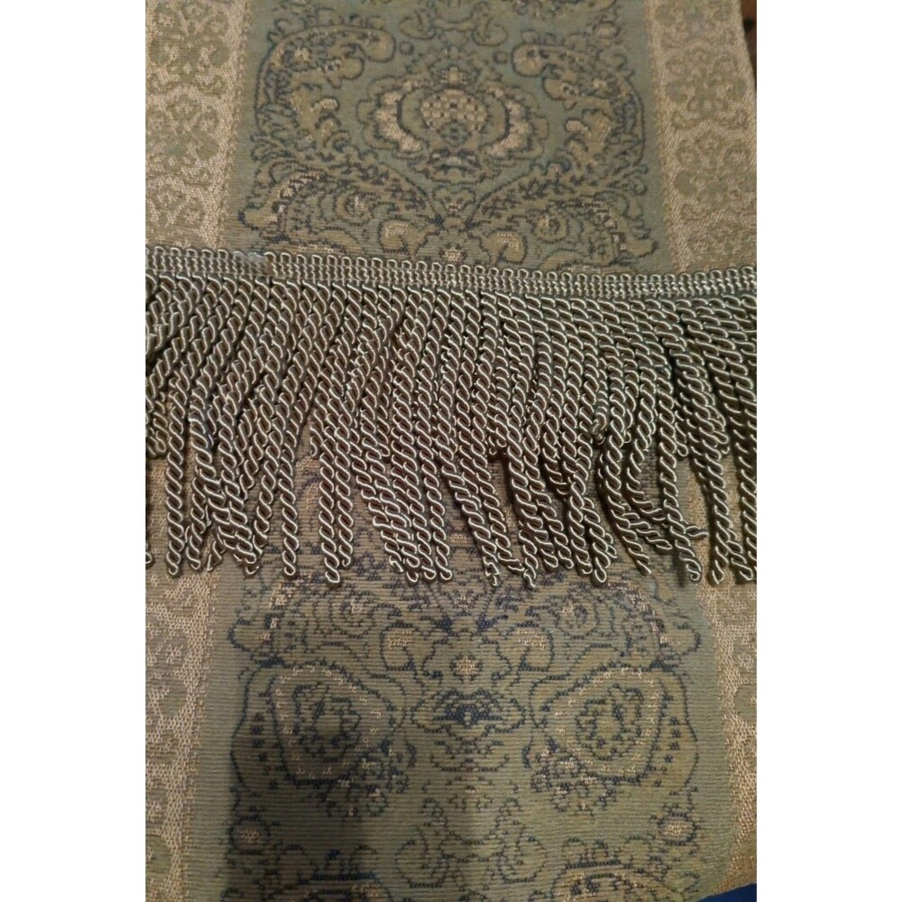 Luxury Jacquard Table Runner Rug Tassels Woven Twist Olive Green Gold Scroll VTG